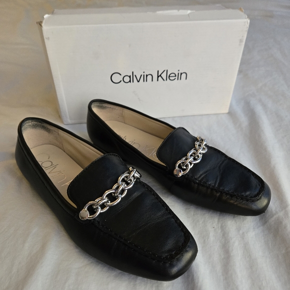 Calvin Klein Elanna Chain Link Black Loafer Leather Slides - Picture 1 of 12